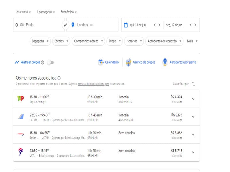 Google Flights passagens
